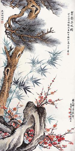吴湖帆,吴待秋,冯超然合作 翠影三友图 立轴 设色纸本