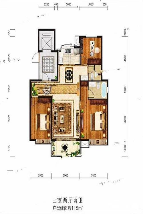 渭南富平龙记檀府三室两厅两卫 115户型图_首付金额_3室2厅2卫_115.