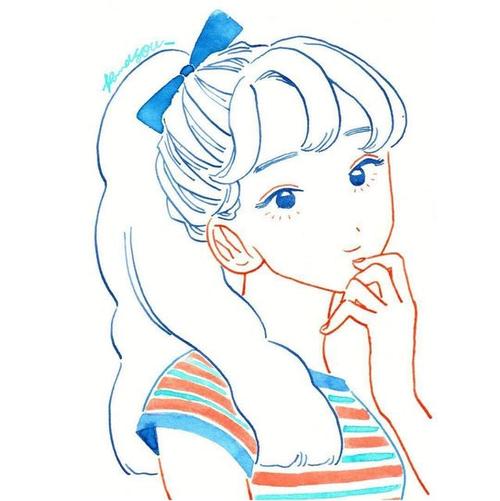 少女风头像插画,简单彩色线条画出清清爽爽超美女孩