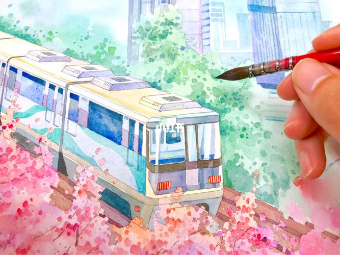 钢笔淡彩 | 樱花重庆轻轨三号线_钢笔_手绘_钢笔淡彩_文化_绘画