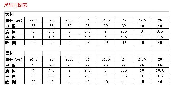 特步男女服装尺码对照的方法剂对照表