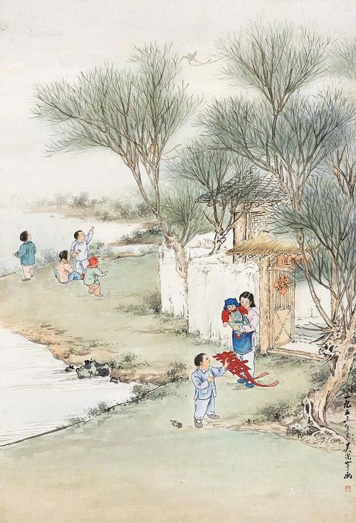*0583放风筝 立轴 设色纸本