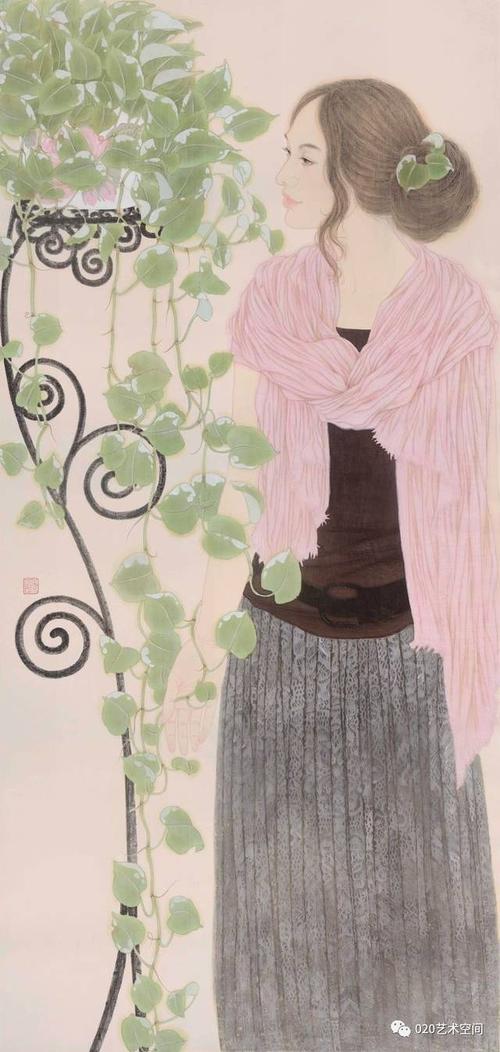 袁玲玲 绿萝 绢本重彩 140cm×70cm