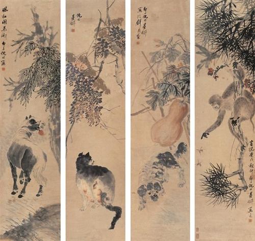 动物 四屏 设色纸本-倪田-扇画·古代书画专场-2006品