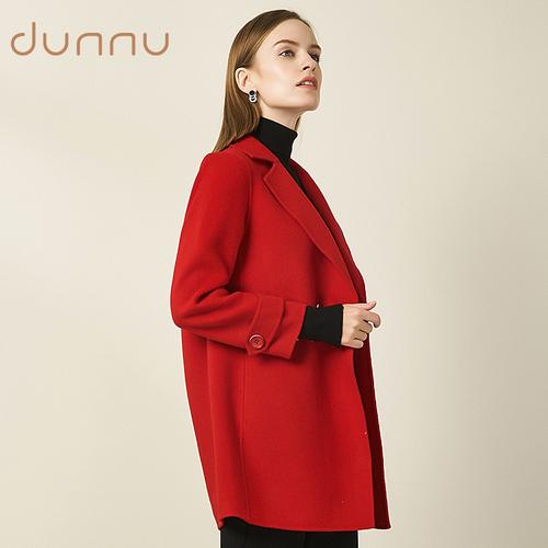 敦奴羊毛大衣dunnu冬季新款纯色西装中长红色毛呢外套