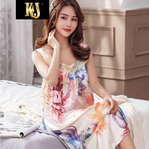 kj中老年人含真丝绸冰丝睡衣女睡衣加大码宽松无袖背心睡衣连衣裙女装