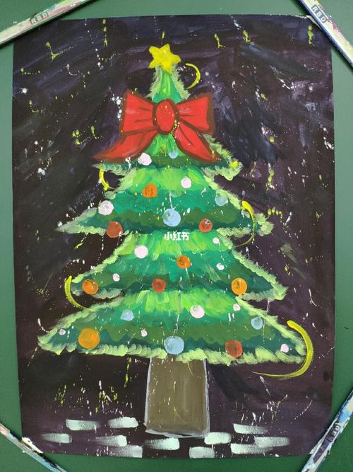 儿童水粉画-圣诞树_圣诞树_大红色_蝴蝶结_颜料_文化
