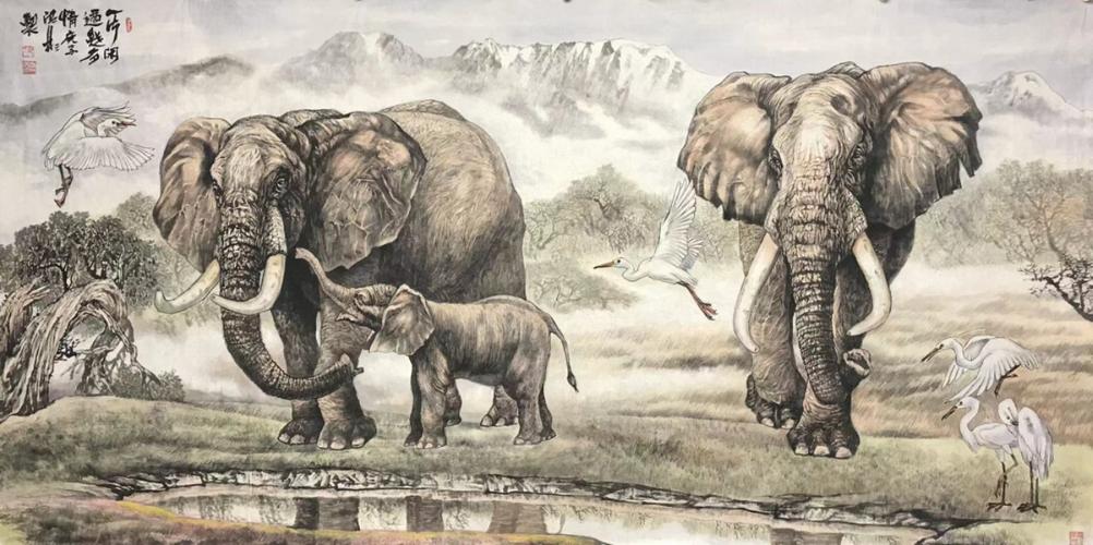 当代著名画家秦洪彬大象系列作品鉴赏天地祥和