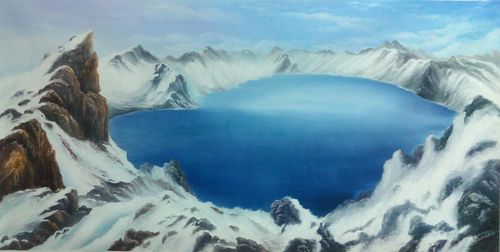 100%纯手绘 东北刀画 吉林刀画 /长白山天池冬景/家居装饰画_7折现价