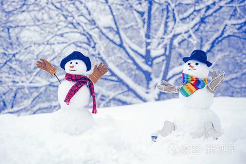 雪人孤立在雪地上.雪人和雪天.