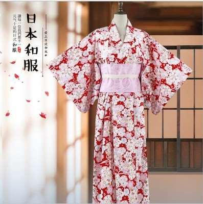 日本传统和服正装2020新款棉麻振袖女红色印花浴衣