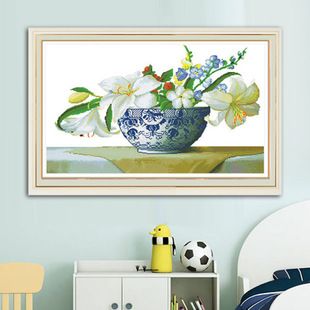 精准印花十字绣套件 香水百合 花瓶花卉书房卧室装饰挂画