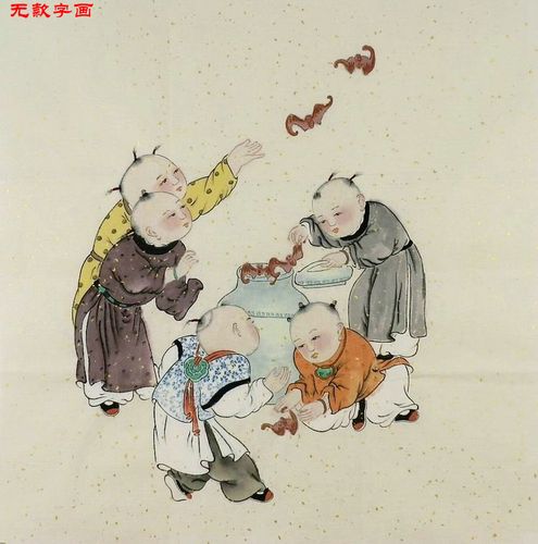 手绘四尺百子童子人物画国画无款斗方字画yh092819国画