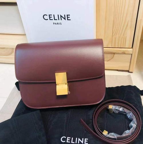 转全新勃艮第红celine box小牛皮手袋