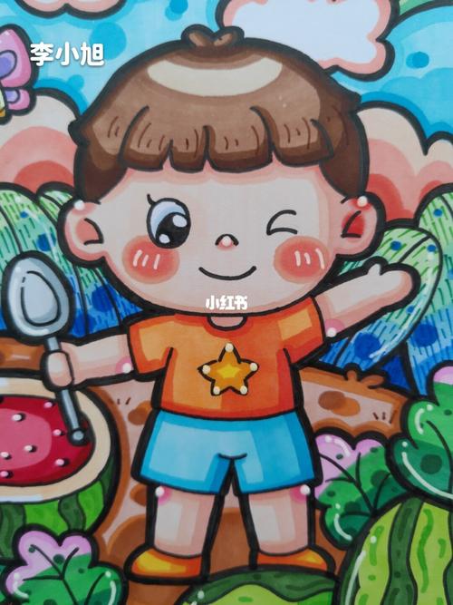 男孩造型_儿童画_马克笔_西瓜_夏天去哪玩_小朋友_马克笔儿童画_文化