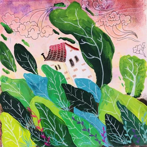 步骤六:用勾线笔在天空画一些云朵,高光笔勾边,使云朵更有质感,作品