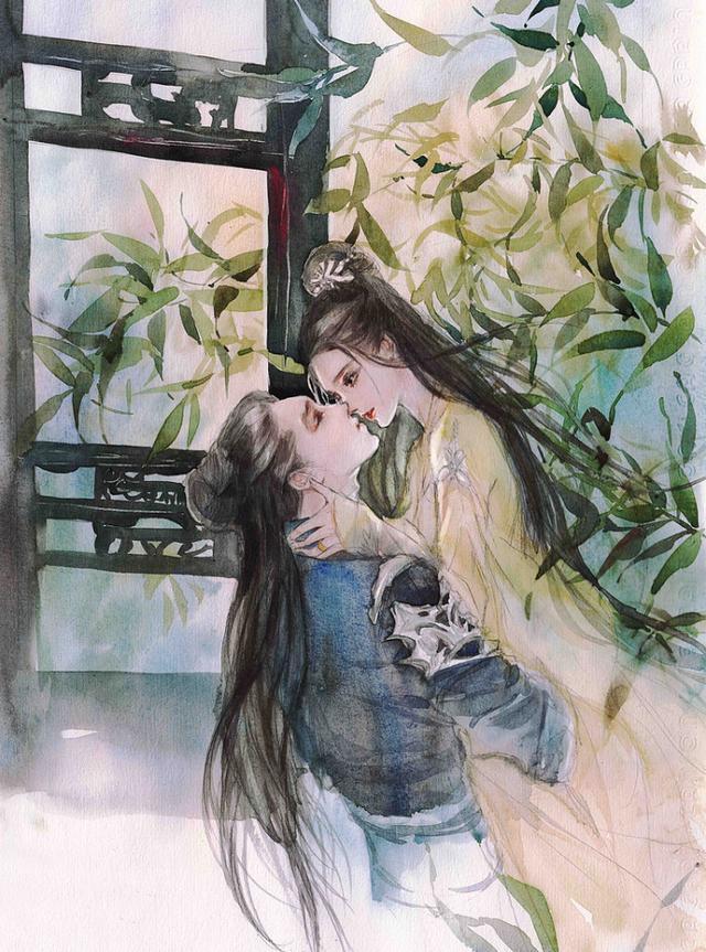 古风情侣手绘水彩插画海底月是天上月眼前人是心上人