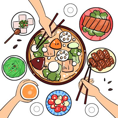 过新年手绘风家人团圆年夜饭新年春节插画素材
