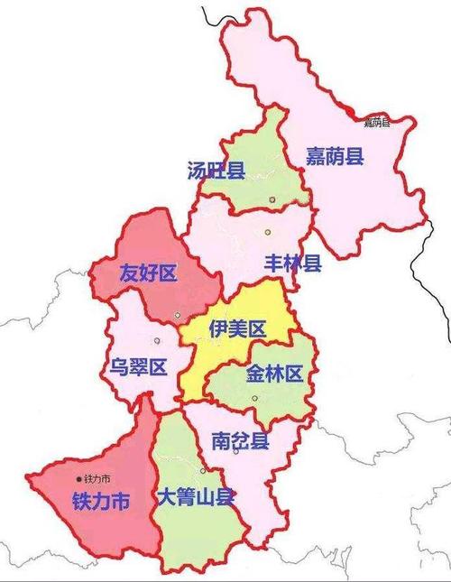 伊美区 乌翠区 友好区 金林区 县: 汤旺县 丰林县 南岔县 大箐山县