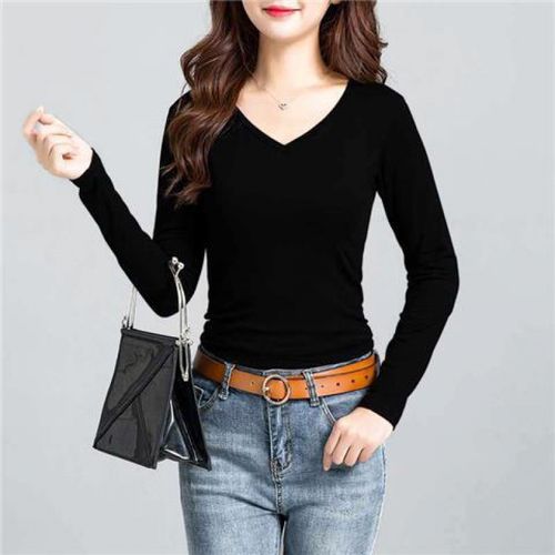 t恤女低领黑色纯棉秋内搭打底女人味洋气紧身鸡心领上衣衣服女上衣 v