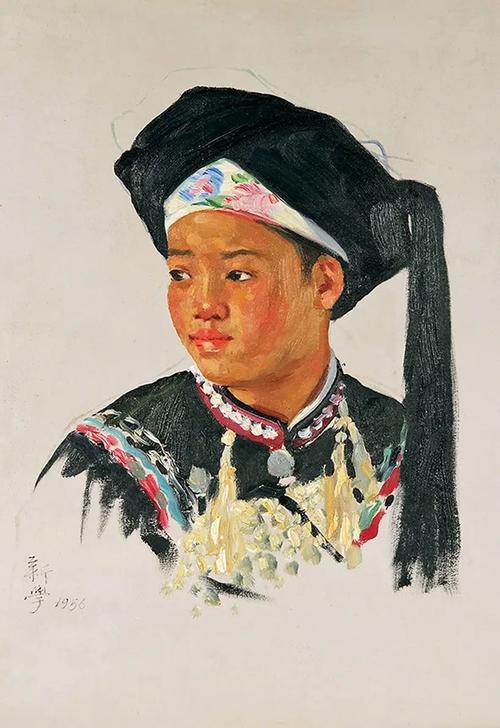 廖新学《拉祜族代表肖淑英》油画51cm×38cm  1956年