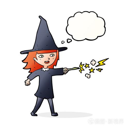 卡通巫婆女孩魔法与思想泡泡