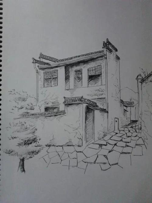素描房屋风景画图片