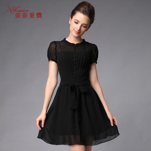 奈奈爱霓2014夏装新款女装韩版修身大码显瘦短袖雪纺连衣裙子5781