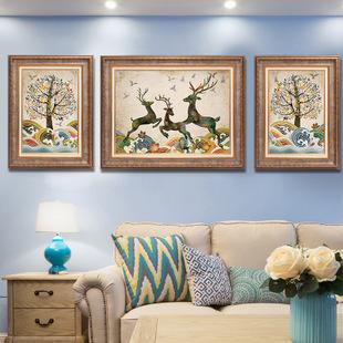 客厅装饰画挂画欧式大气沙发背景墙画三联美式餐厅壁画油画铜金鹿