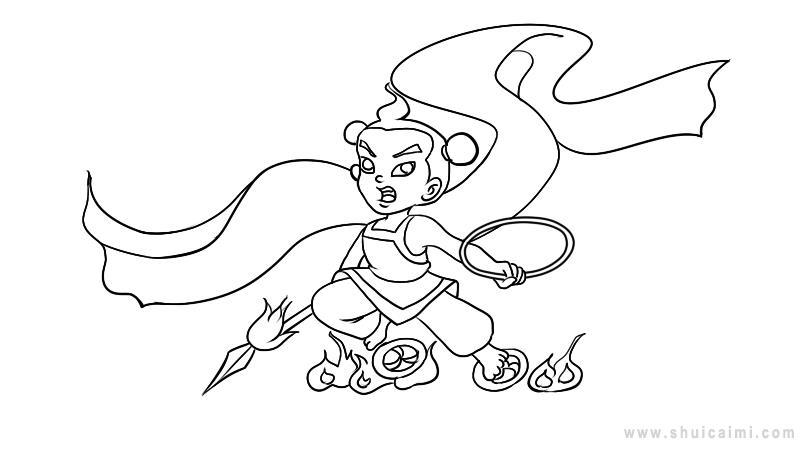 3,身上画一条丝带,脚底下画两个风火轮.