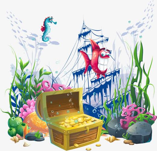 矢量海底宝藏和小鱼