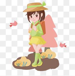 小女孩背书包卡通手绘免扣