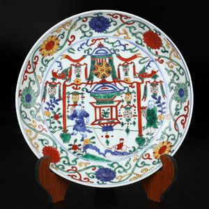 明嘉靖五彩婴戏灯笼纹盘古董古玩真品收藏仿出土老瓷器手绘摆件