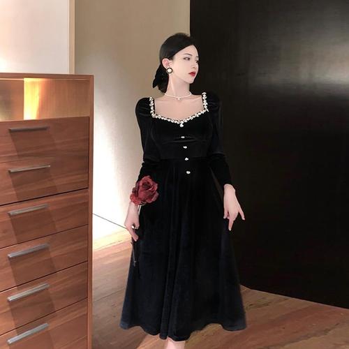 法式宫廷风礼服长裙收腰方领镶钻轻奢感赫本风丝绒连衣裙秋冬