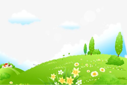 卡通手绘翠绿草地花朵树木房屋