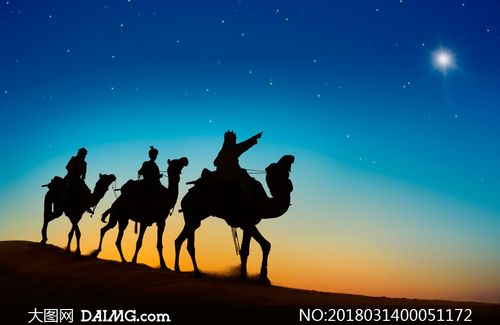 沙漠中旅行的驼队剪影摄影图片