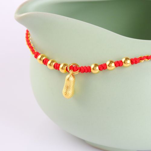 黄金脚链红绳编织足金花生铃铛拖鞋吊坠纯金脚饰