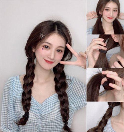 女生中分双编麻花辫发型