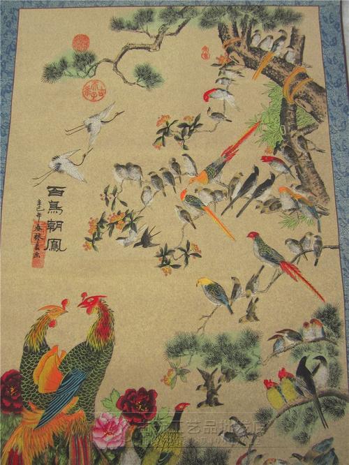 厂家供应 高档中堂花鸟画 客厅装饰画 百鸟朝凤图 装裱字画