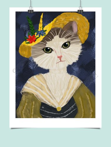 喵记印象贵妇猫复古油画质感插画
