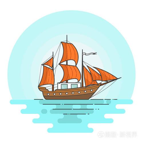 颜色与橙色船在海中.帆船上波旅行, 旅游, 旅行社, 酒店, 度假卡,横幅