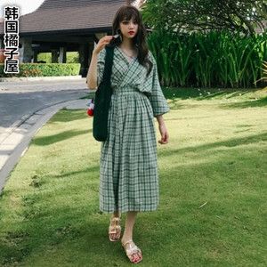 绿格子衬衫连衣裙
