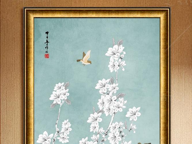原创玉兰花工笔花鸟新中式花卉装饰画壁画玄关版权可商用