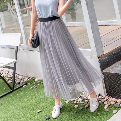 韩版新款子女春季半身中长纱裙百褶