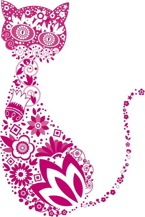 紫色花朵花纹图案组成的猫图矢量素材