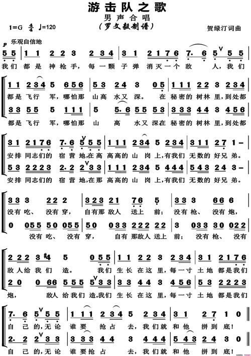 《游击队之歌高清正版》原创歌曲简谱,贺绿汀作词 贺绿汀作曲 - 歌曲