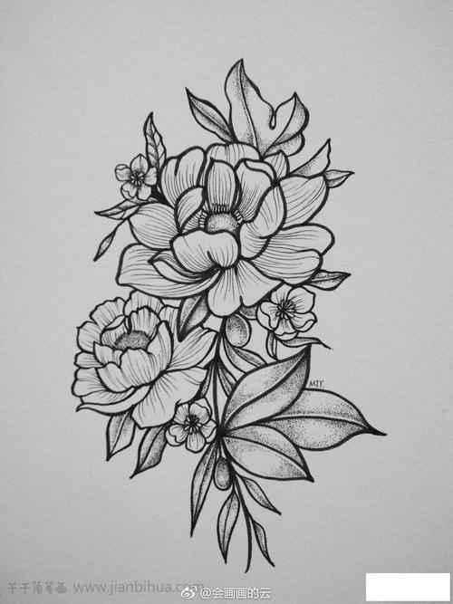 黑白线描花束简笔画