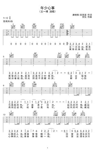 年少心事吉他谱-王一博-每个人都会有自己的少年心事
