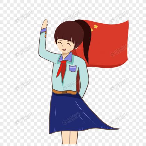 卡通手绘升起的国旗和敬礼的爱国女青年