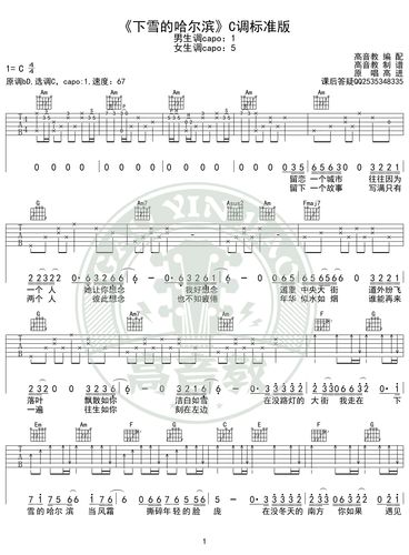中国好声音《下雪的哈尔滨》吉他谱c调标准版 高音教编配